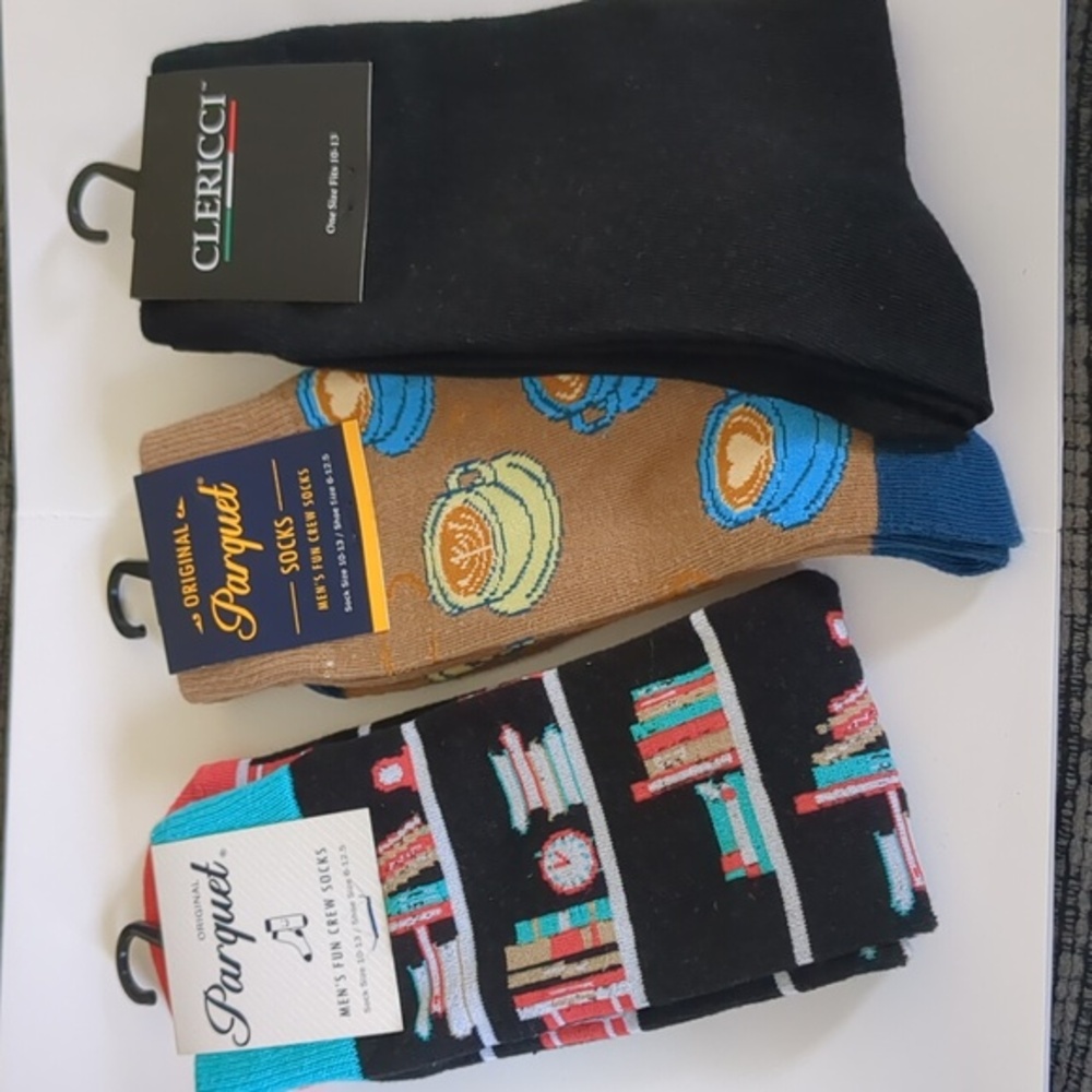 3 Pair Men's Crew Socks - Coffee Books Dress Socks Size 10-13.